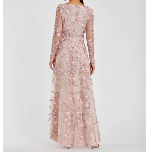 NWT | Mac Duggal 70224 Pink Floral Applique Long Sleeve Illusion Gown | Sz 12 - Picture 2 of 3